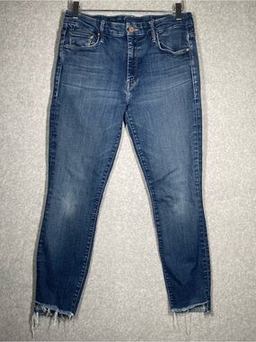 MOTHER Dark Blue Cropped Raw Hem Skinny Jeans